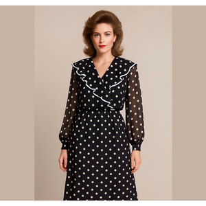 Vintage dress 1980s sheer black white polka dot dress small